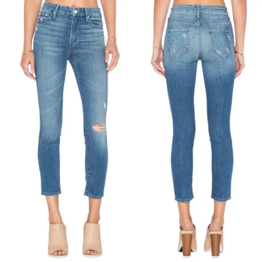 MOTHER High Waisted Looker Crop Blue Distressed Jeans Size 29